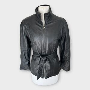 Vintage Wilsons Belted Leather Jacket Black Tie Waist Women's size Medium Edgy